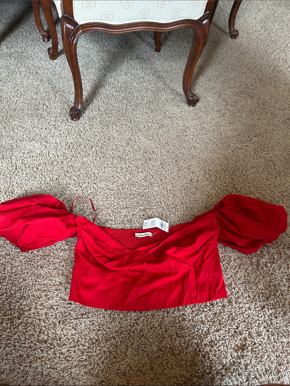 Abercrombie & Fitch Red Puff-Sleeve Off-Shoulder Crop Top